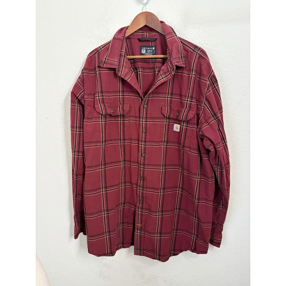 Carhartt Men's 2XL Tall Loose Fit Red Plaid Button Front Work Shirt Flannel